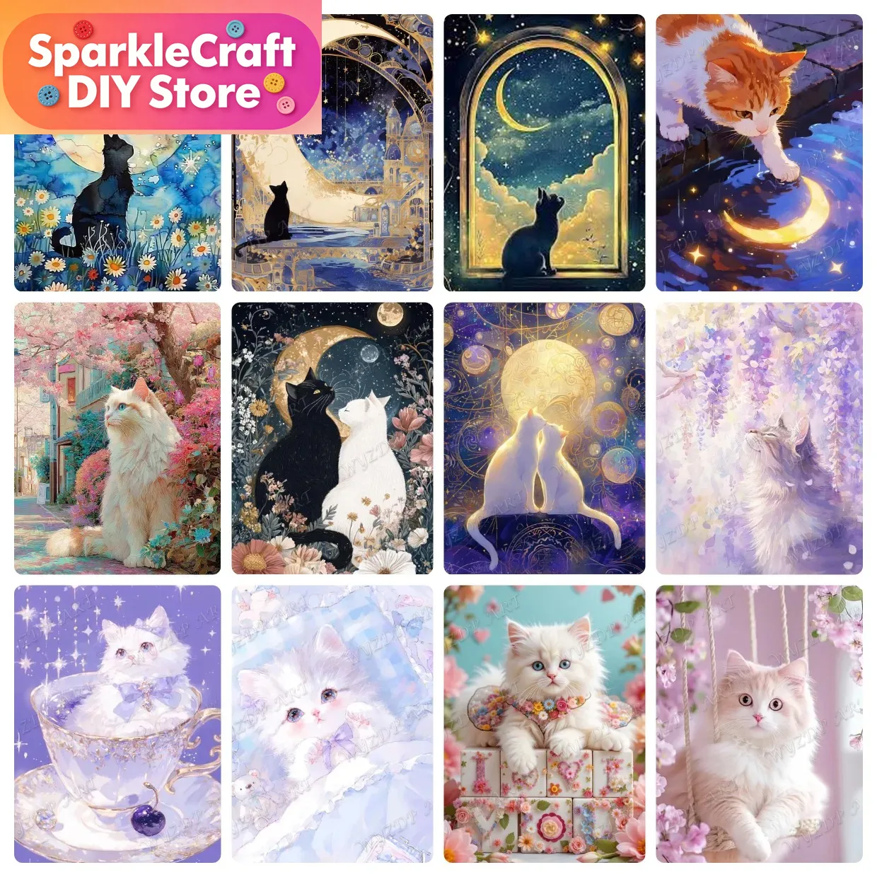 Animal Cat Moon Diamond Painti - Embroidery Embellishments review and price