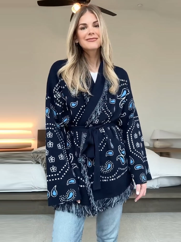 Elegant Print Tassel Cardigan  - Tassel Fringe Trim review and price