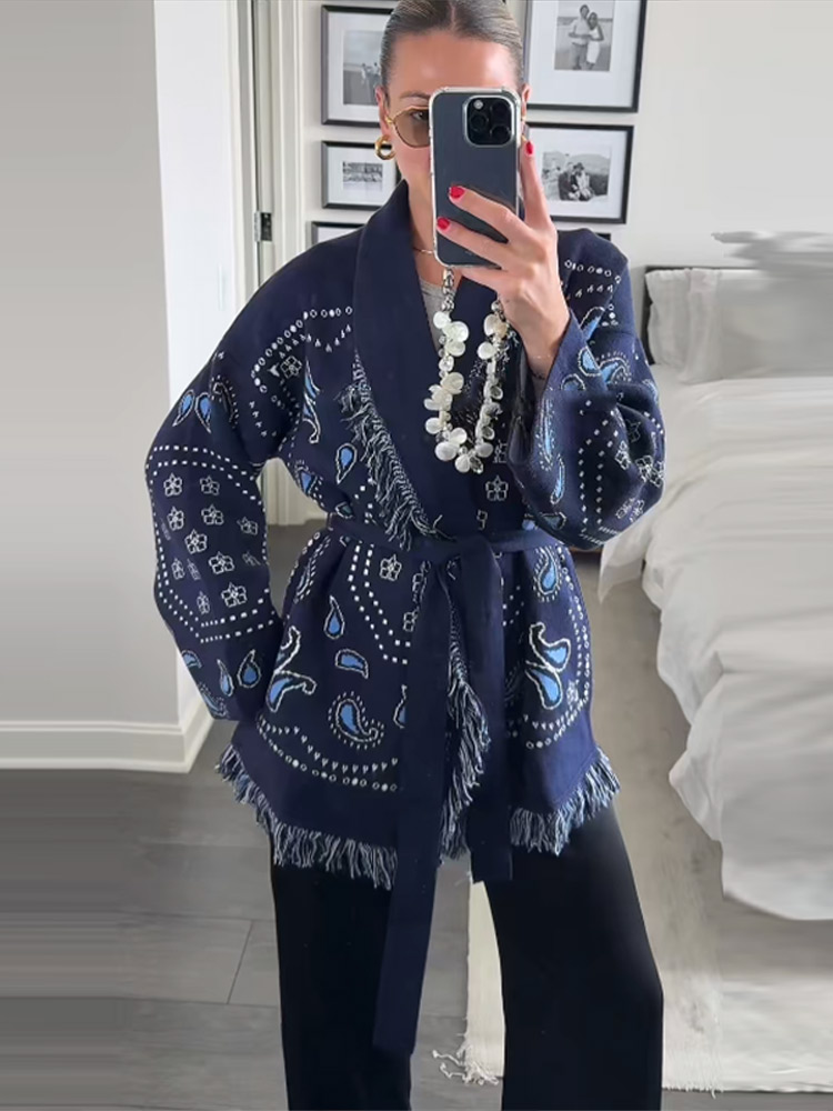 Elegant Print Tassel Cardigan  - Tassel Fringe Trim review and price