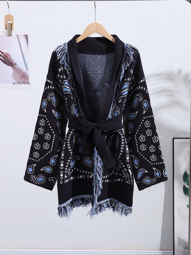 Elegant Print Tassel Cardigan  - Tassel Fringe Trim review and price